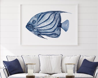 Pittura moderna di pesci di grandi dimensioni, decorazione murale minimalista indaco blu navy, opere d'arte ad acquerello, poster d'arte extra large, illustrazione nautica