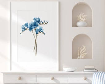 Watercolor Freesias Bouquet, Minimalist Blue Wall Decor, Extra Large Artwork, Floral Painting, Botanical Illustration, Flowers Bundle