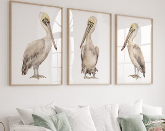 Watercolor Brown Pelicans Set of 3 Prints, Coastal Farmhouse Wall Decor, Minimalist Large Birds by Eveline Patrzalek, Modern Pelican Artwork