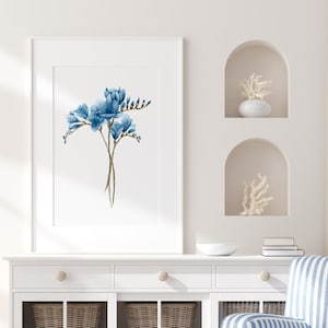 Watercolor Freesias Bouquet, Minimalist Blue Wall Decor, Extra Large Artwork, Floral Painting, Botanical Illustration, Flowers Bundle
