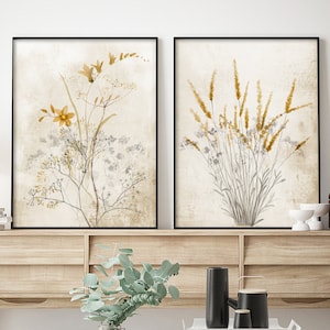 Decorazione murale moderna in stile rustico boho, opera d'arte gialla e grigia, set di 2 stampe, arte botanica direttamente dall'artista