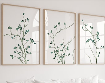 Smaragdgrüne Hagebuttenzweige, minimalistische Aquarellmalerei auf weißem Hintergrund, botanisches Kunstposter, 3er-Set Drucke