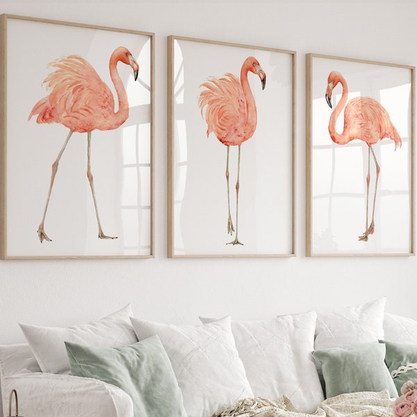 Ensemble aquarelles de flamants roses, tableau flamant rose californien, décoration murale minimaliste moderne, affiche d'art maison de plage, oeuvre d'art côtière