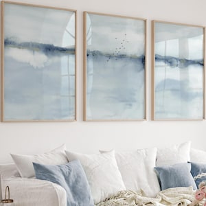 Blue Abstract Landscape, Coastal Watercolor Set of 3 Prints, Modern Minimalist Artwork, Living Room Art Posters, Black Birds