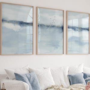 Light Blue Abstract Landscape, Coastal Watercolor Set of 3 Prints, Modern Minimalist Artwork,Living Room Art Posters, Black Birds