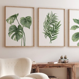 Foglie esotiche scandinave, set di 3 stampe, foglia tropicale minimalista, mazzo di Monstera Deliciosa, foglia di palma, fico violino, arte botanica