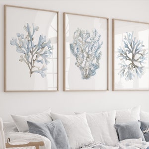 Coralli azzurri, set di 3 stampe, decorazione murale minimalista costiera per soggiorno o camera da letto, arte moderna di Watercolor Botanicals