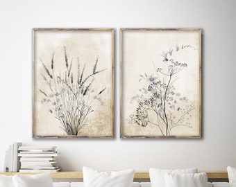 Farmhouse Wall Decor Black Gray Beige Wild Flower Black Flowers Set of 2 Prints Botanical Print Large Art Floral Vintage Poster Rustic Art