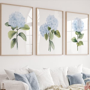 Light Blue Hydrangea Wall Art Set of 3 for Modern Interiors Botanical Bedroom Decor