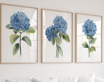 Dunkelblaue Hortensie, Minimalist Hamptons Wanddekoration, 3er-Set Drucke, Abstrakte Große Blumen, Extra Große Kunst Poster, Botanisches Bild