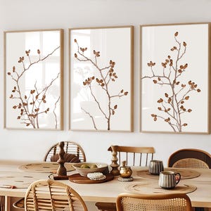 Ramas de siena tostada, decoración de pared minimalista de rosa mosqueta, carteles de bellas artes extragrandes, arte boho moderno, pintura boho, arte de pared naranja