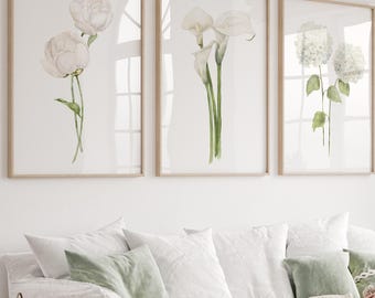 White Floral Wall Art Set of 3, Hydrangea, Calla Lily, Peony Prints, Botanical Decor