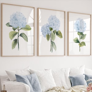 Set di decorazioni da parete con ortensie blu - Stampe botaniche ad acquerello, decorazioni floreali minimaliste, soggiorno in stile Hamptons e costiero, opere d'arte moderne per la casa