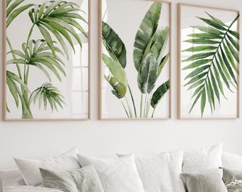 Watercolor Green Tropical Leaves Prints – Set of 3 – Botanical Coastal Wall Art