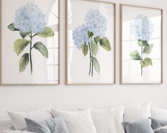 Blue Hydrangea Wall Art Set – Watercolor Botanical Prints, Minimalist Floral Decor, Hamptons & Coastal Living Room, Modern Home Artwork