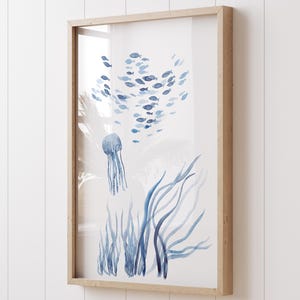 Stampa astratta di barriera corallina ad acquerello - Decorazione murale costiera - Dipinto minimalista - Poster di vita marina - Illustrazione marina blu, dipinto di meduse