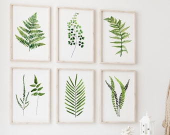 Watercolor Fern Set of 6 Prints, Minimalist Wall Decor, Fine Art, Hand Painted and turned into Giclee, Botanical Painting, Green Artwork