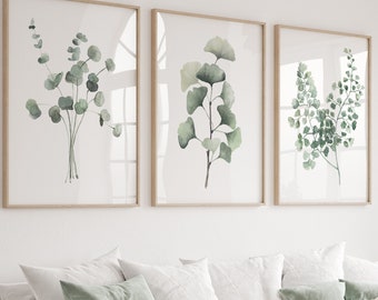 Watercolor Greenery, Set of 3 Print, Ginkgo Branch, Fern Painting, Eucalyptus Clipart, Minimalist Sage Green Wall Decor, Light Muted Greens