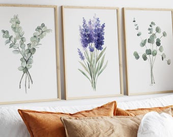 Lavender & Eucalyptus Prints - Branch Painting, Set of 3 Prints, Greenery Home Decor, Modern Botanical Prints