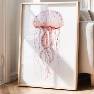Decorazione murale con meduse rosa corallo - Stampa di vita marina in acquerello costiero, illustrazione di animali marini, decorazione per casa sulla spiaggia, opera d'arte nautica minimalista