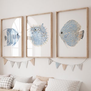 Trio nautico minimalista per la cameretta dei bambini e altro - Set di 3 stampe artistiche da parete costiere, arredamento minimalista per la casa sulla spiaggia su sfondo bianco