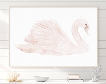 Swan Watercolor Print, Minimalist Blush Pink Bird, Art above Crib, Nature Wall Decor, Nursery Wall Art, Baby Girl Room, Kids Art