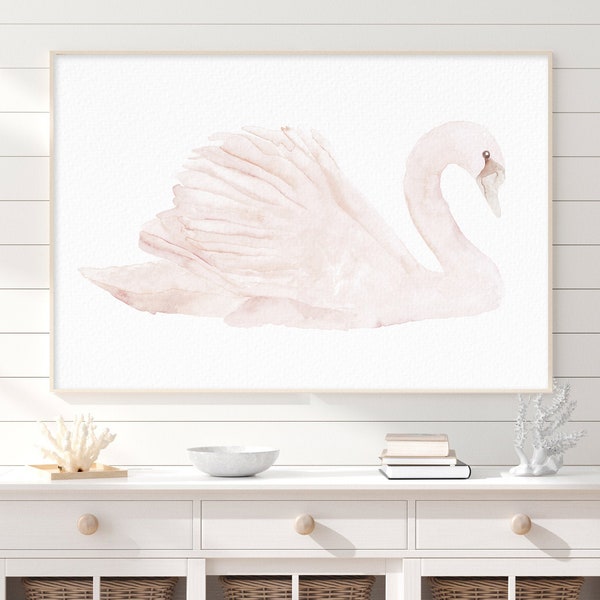 Impression aquarelle cygne, oiseau minimaliste rose blush, oeuvre d'art au-dessus du lit de bébé, décoration murale nature, art mural pour chambre de bébé, chambre de bébé fille, oeuvre d'art pour enfants