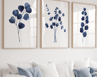 Juego de 3 láminas abstractas de eucalipto para pared, láminas botánicas en acuarela azul marino, decoración minimalista.