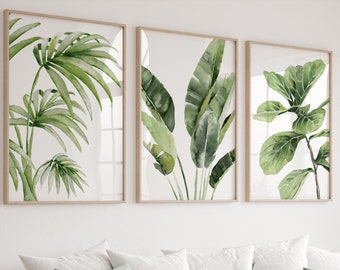 Feuilles tropicales à l'aquarelle, banane, branche de palmier et de figuier, ensemble de 3 tirages, plantes exotiques, peinture de verdure, illustration de feuille, oeuvre d'art