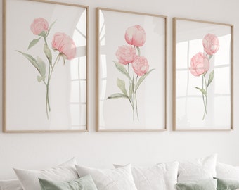 Set di peonie acquerello, set di 3 stampe, decorazione murale floreale minimalista, arte astratta, arte dell'asilo nido per bambina, pittura di peonia, poster d'arte