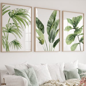 Watercolor Tropical Leaves, Banana, Palm & Fiddle Fig Branch, Set of 3 Prints, Exotic Plants, Greenery Painting, Leaf Illustration, Artwork