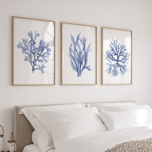 Blue Corals with Veri Peri Undertones, Coastal Motive for Home or Office, Minimalist Wall Decor, Modern Watercolor Leaves, Seaweed Painting