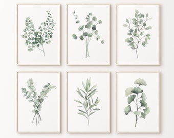 Set acquerello di 6 piante minimaliste, eucalipto, ramo d'ulivo, ramo di un albero di limone, ginkgo, foglia di felce, opere d'arte astratta moderna verde salvia