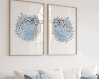 Modern Blue Puffer Fish, Set of 2 Prints, Coastal Wall Decor, Ocean, Sea Life, Modern Minimalist Wall Decor, Blowfish Poster, Diodon Image