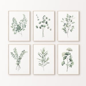 Acquerello 6 piante, eucalipto minimalista, ramo d'ulivo, ramo di limone, ginkgo, foglia di felce, opera d'arte astratta moderna verde salvia