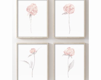 Peonie minimaliste, Set di 4 stampe, Fiori rosa cipria, Arte dell'asilo nido per bambina, Opere d'arte peonia, Illustrazione floreale pastello