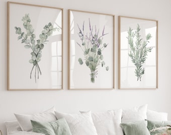 Decorazione da parete minimalista verde chiaro, Set di 3 stampe, Fascio di eucalipto, Lavanda, Ramo di rosmarino, Verde acquerello, Arte vivaio botanico