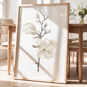 Impression aquarelle de magnolia beige, peinture florale minimaliste neutre pour espace de vie, fleurs de printemps, impression unique, oeuvre d'art - plantes botaniques