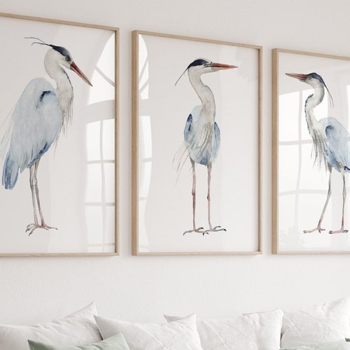 Great Blue Heron, Set of 3 Prints, Watercolor outlets Painting, Minimalist Room Decor, Abstract Bird on White Background