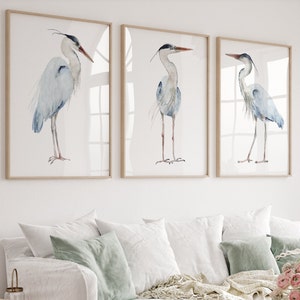 Grand héron, lot de 3 impressions, aquarelle, décoration de chambre côtière minimaliste, très grande image d'oiseau, affiches d'art modernes