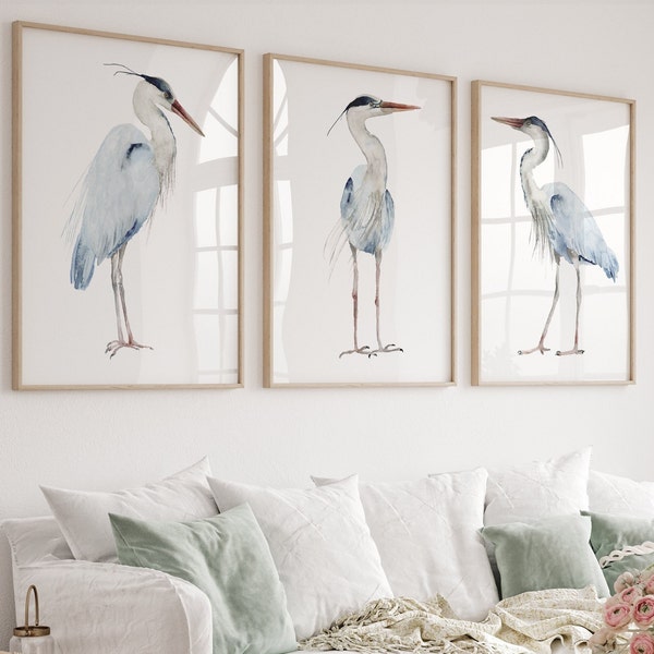 Great Blue Heron, Set of 3 Prints, Watercolor Painting, Minimalist Coastal Room Decor, Extra Large Bird Picture, Modern Fine Art Posters