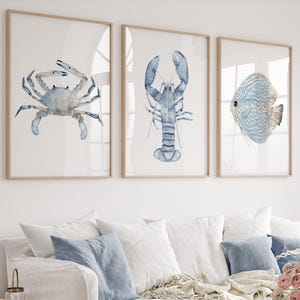Decorazione murale costiera ad acquerello, arte nautica azzurra, set di 3 stampe, decorazione murale minimalista, regalo per la cameretta dei bambini, cameretta dei bambini, Hamptons moderni