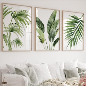 Botanical Wall Art Set of 3 – Green Tropical Leaf Prints, Banana & Palm Wall Decor, Minimalist Coastal Art for Modern Living Room, Beach Art