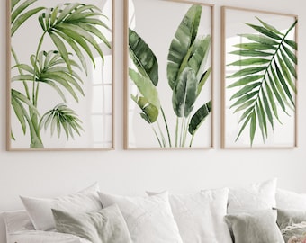 Botanical Wall Art Set of 3 – Green Tropical Leaf Prints, Banana & Palm Wall Decor, Minimalist Coastal Art for Modern Living Room, Beach Art