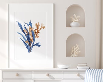 Watercolor Seaweed Painting, Minimalist Wall Decor, Single Print, Navy Blue and Burnt Sienna Art, Corals Collection
