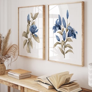 Decorazioni murali floreali in stile fattoria - Set di 2 stampe con gigli blu navy e magnolie, decorazioni murali botaniche, opere d'arte in stile cottage di campagna