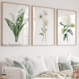 May include: Three framed botanical art prints featuring watercolor illustrations of flowers. The prints depict lily of the valley, daisies, and hydrangea. The artwork is displayed above a white sofa with decorative pillows and a wooden coffee table.