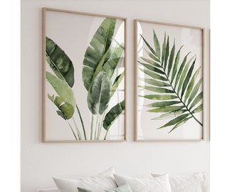 Foglie tropicali ad acquerello, set di 2 stampe botaniche, pittura verde, decorazione murale minimalista, arte della parete del soggiorno, piante esotiche