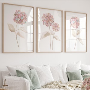 Flores rosas y azules con tallos beige, juego de 3 impresiones en acuarela, tres imágenes minimalistas, póster botánico abstracto, regalo para habitación de niña.