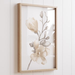 Dipinto di magnolia color crema – Opera d'arte minimalista neutra, decorazione murale floreale botanica, stampa botanica beige caldo